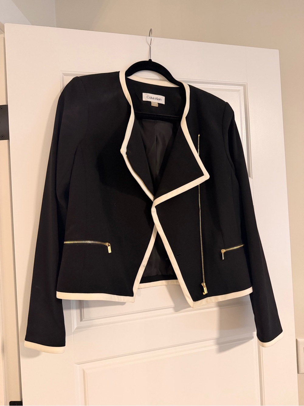 Calvin Klein Black Blazer with White Trim and Gold Zippers